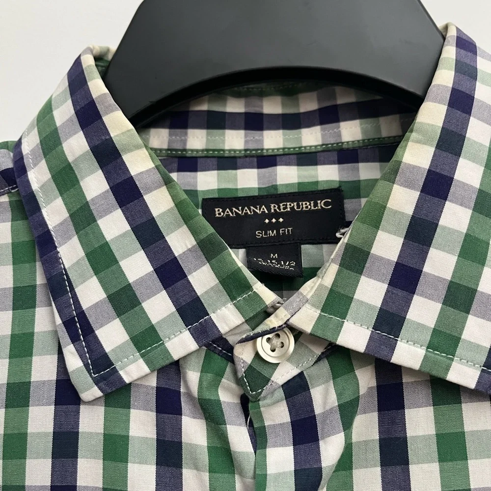 Banana Republic Slim Fit Men’s Gingham Shirt – Green/Navy, Size M